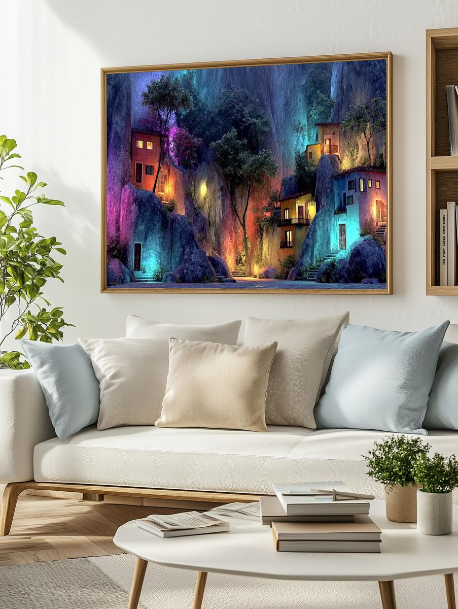 Enchanting Mountain Village — Digital Art Print. — room view 2