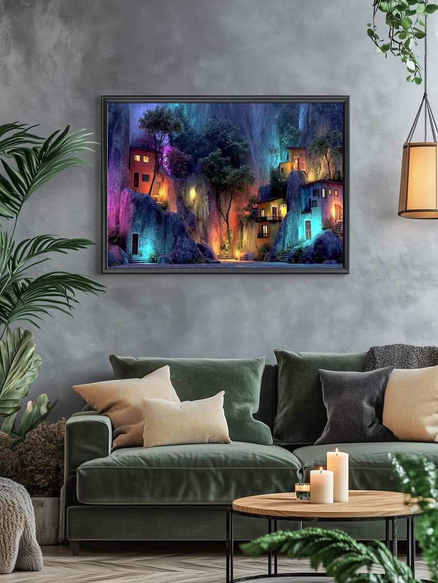 Enchanting Mountain Village — Digital Art Print. — room view 4