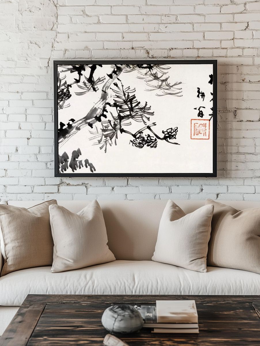 Elegant Pine Tree — Asian Ink Art Print. — room view 1