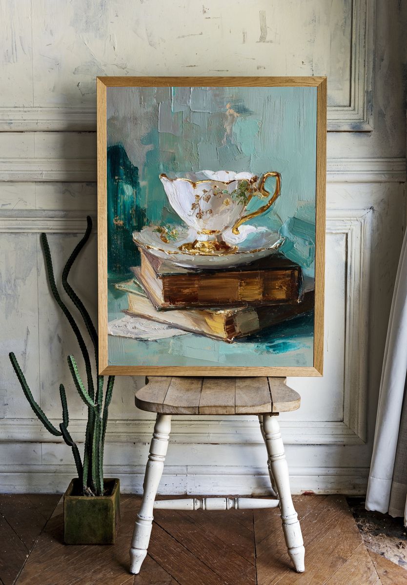 Elegant Teacup on Books — Fine Art Print. — room view 1