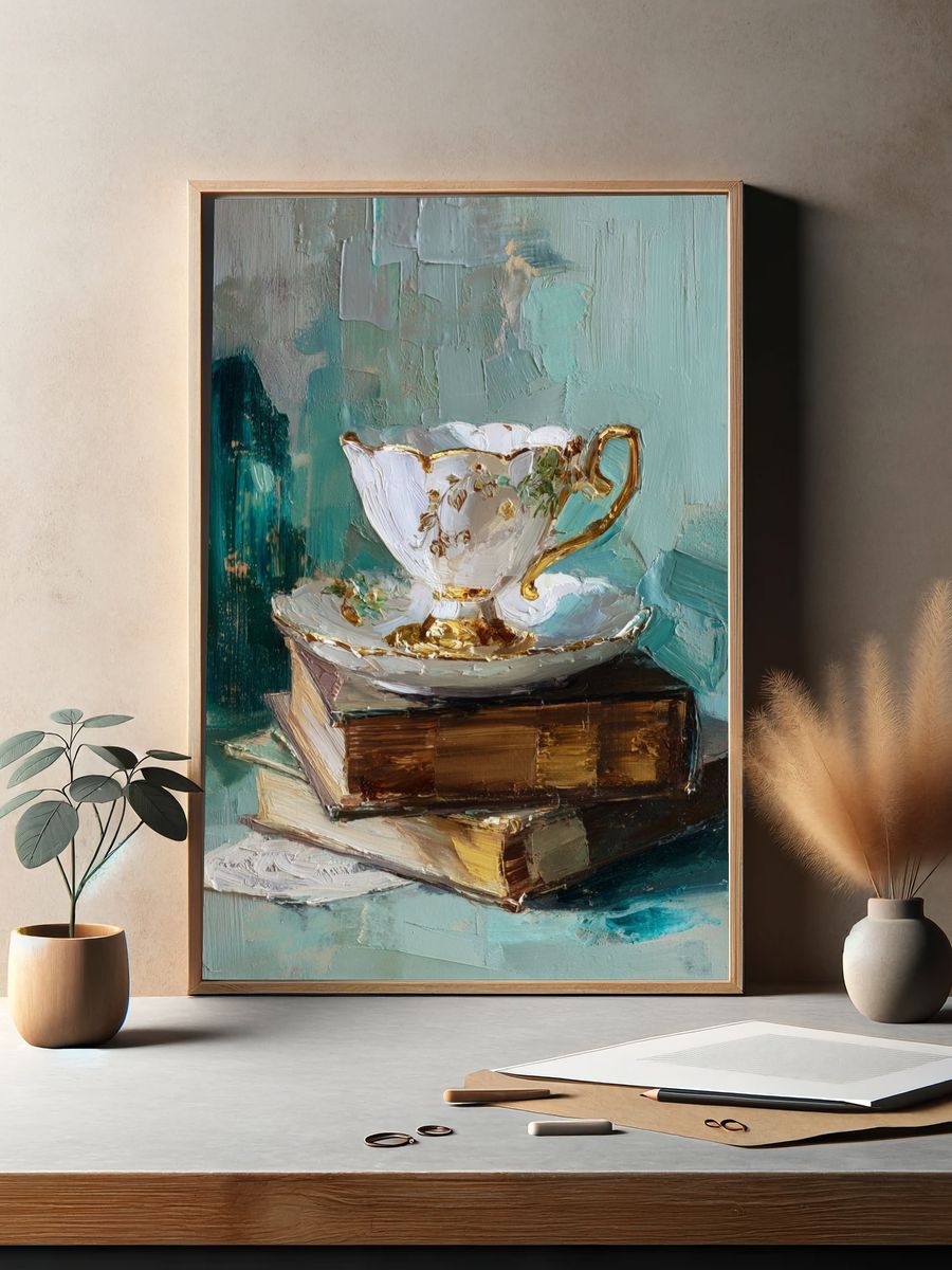 Elegant Teacup on Books — Fine Art Print. — room view 2