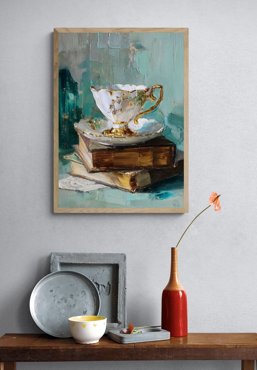 Elegant Teacup on Books — Fine Art Print. — room view 3