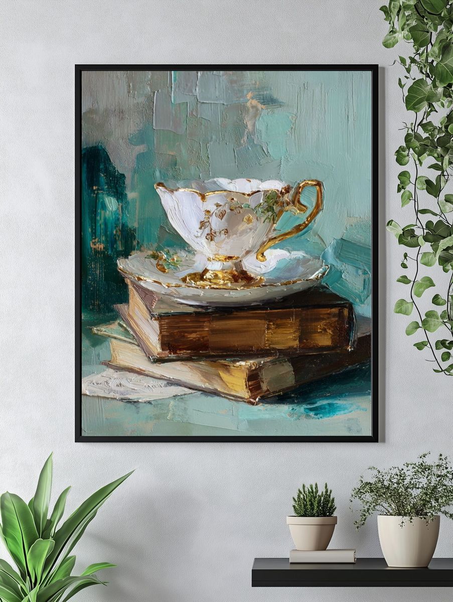 Elegant Teacup on Books — Fine Art Print. — room view 4