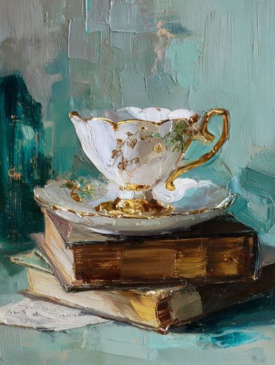 Elegant Teacup on Books — Fine Art Print. poster print