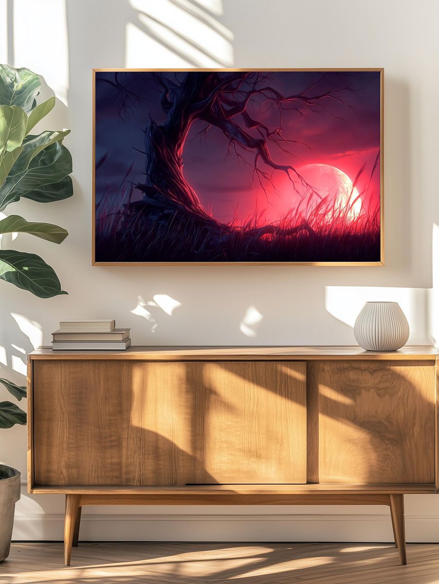 Eerie Moonlit Tree — Digital Art Print. — room view 3