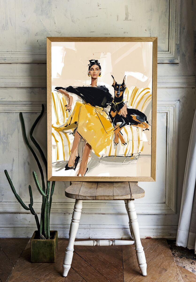 Elegant Woman with Doberman — Illustration Print. — room view 1