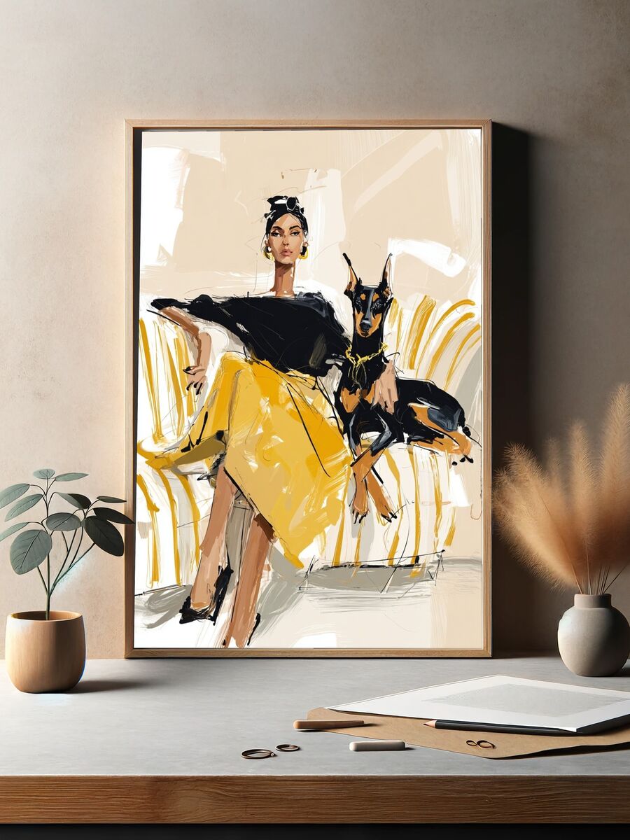 Elegant Woman with Doberman — Illustration Print. — room view 2
