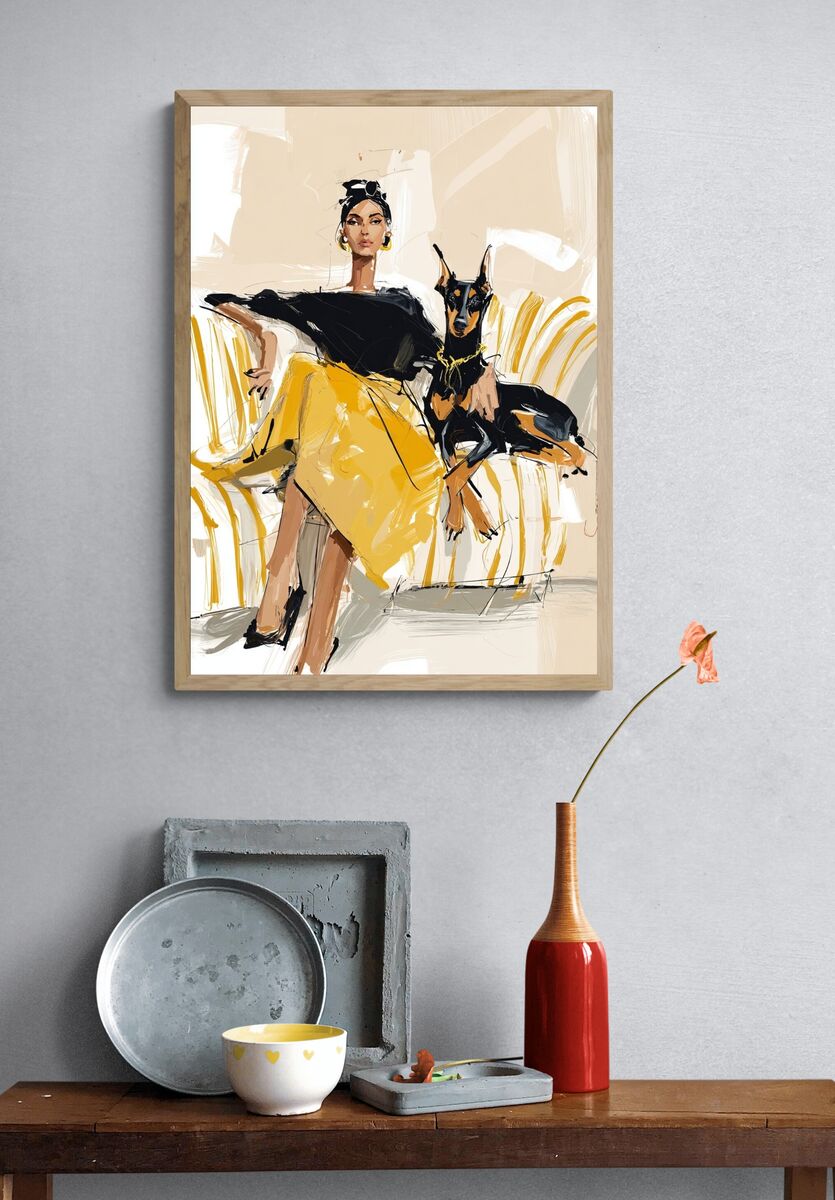 Elegant Woman with Doberman — Illustration Print. — room view 3