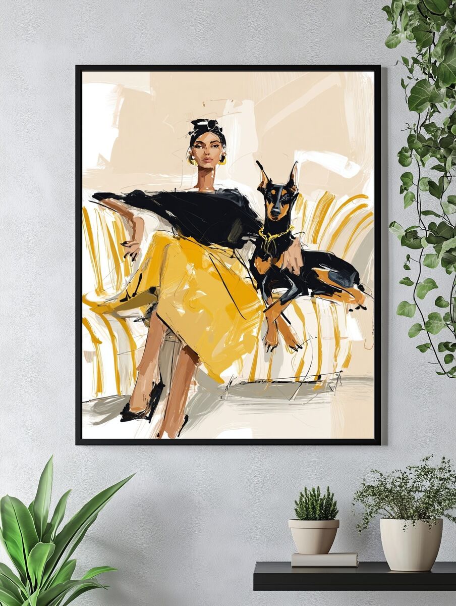 Elegant Woman with Doberman — Illustration Print. — room view 4