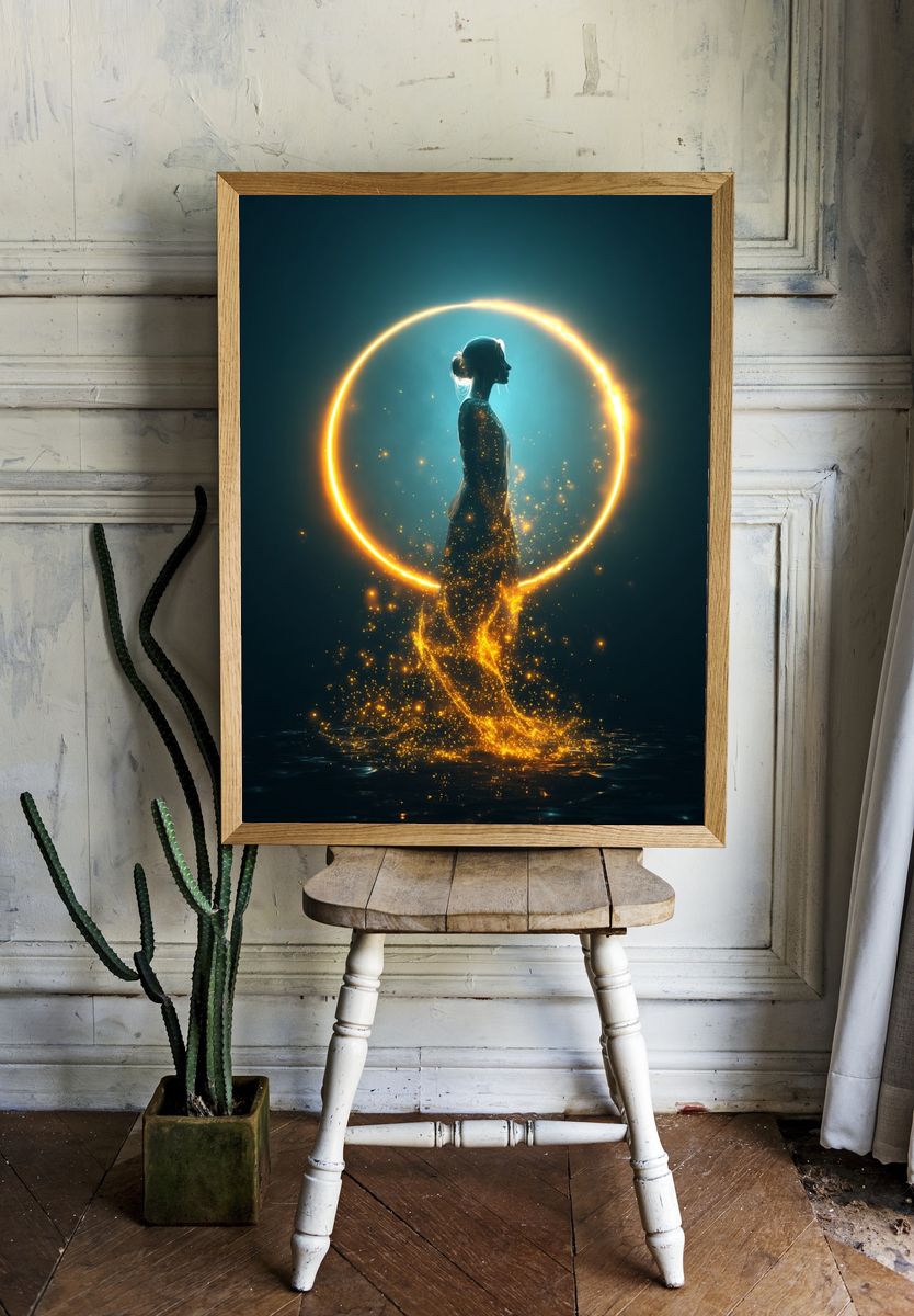 Ethereal Woman in Golden Glow — Digital Art Print. — room view 1
