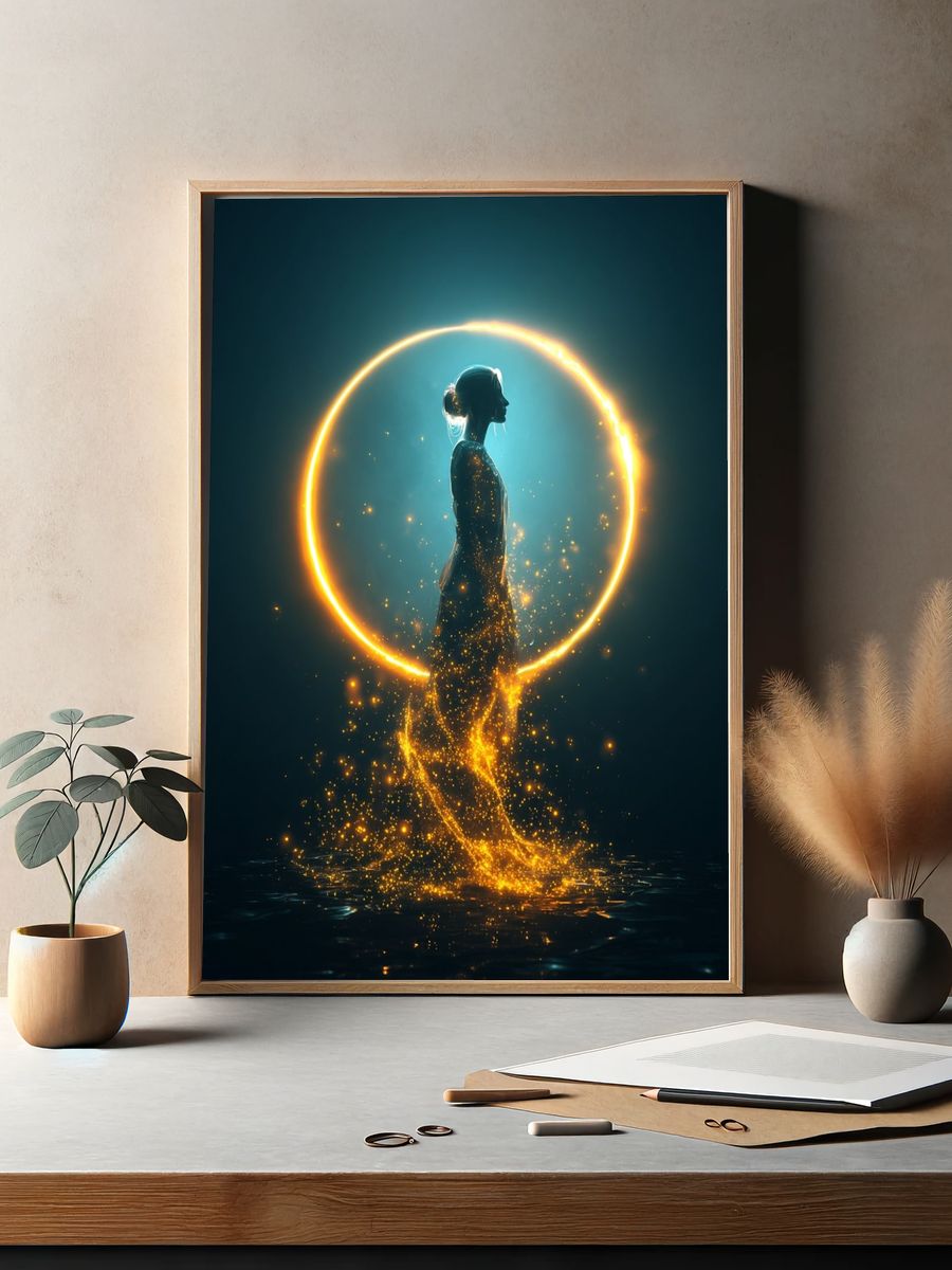 Ethereal Woman in Golden Glow — Digital Art Print. — room view 2