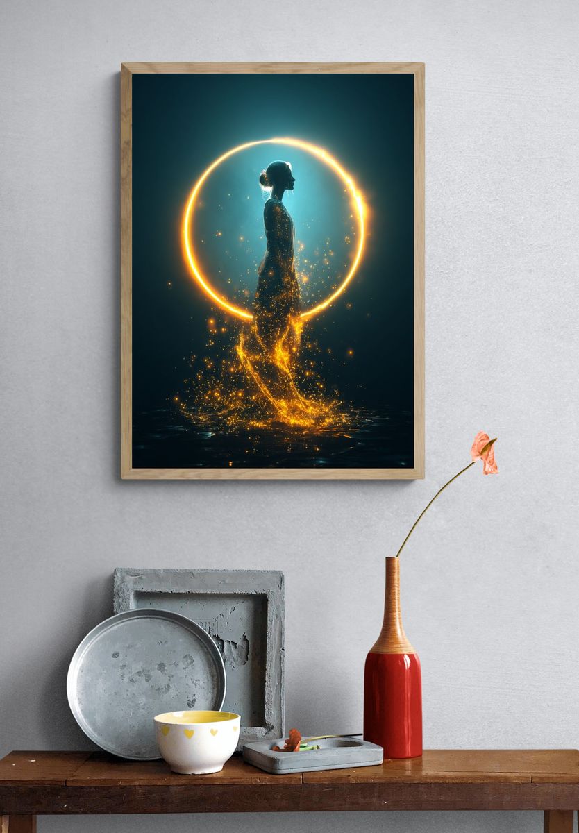 Ethereal Woman in Golden Glow — Digital Art Print. — room view 3
