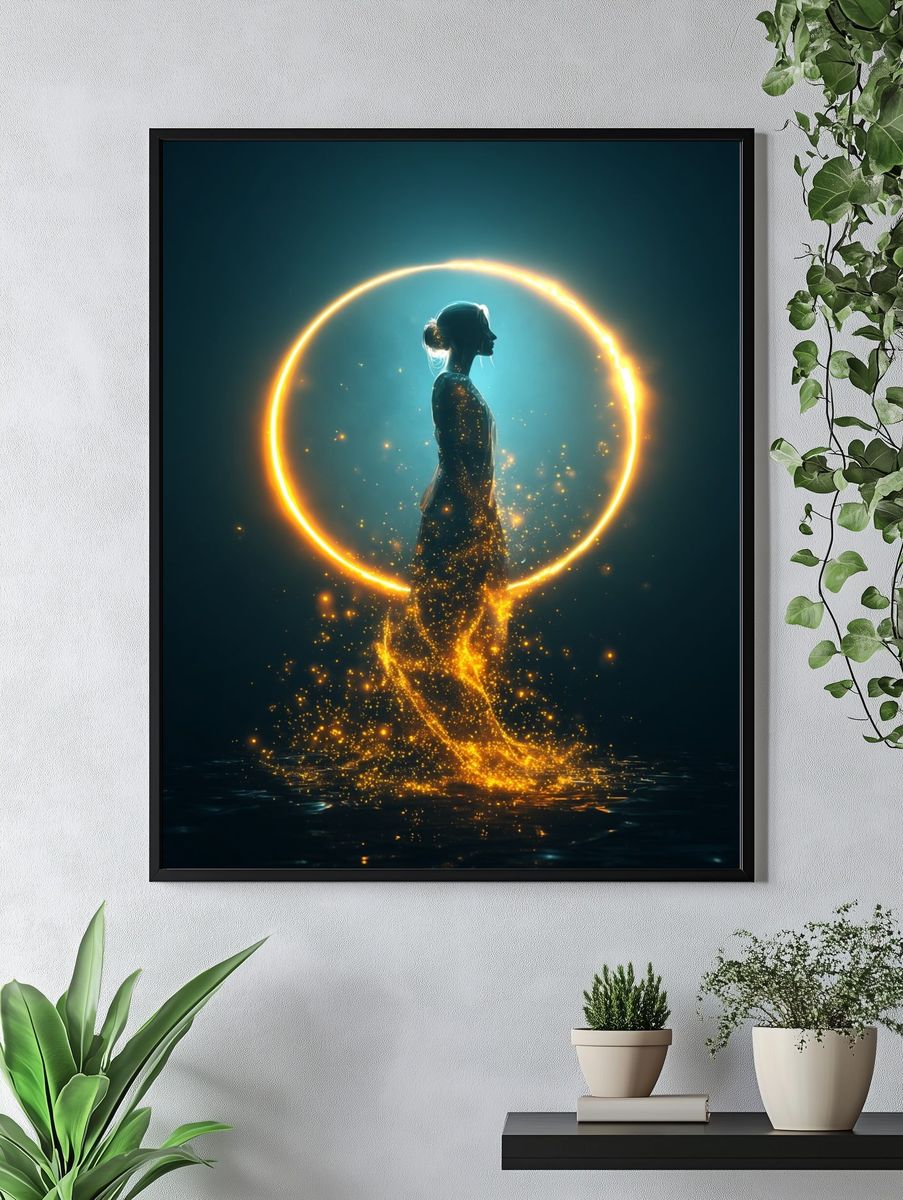 Ethereal Woman in Golden Glow — Digital Art Print. — room view 4
