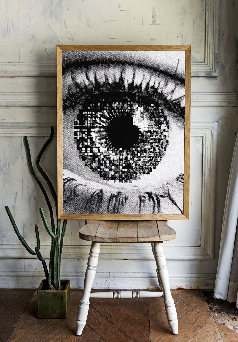 Pixelated Eye Black-White Poster. — room view 1