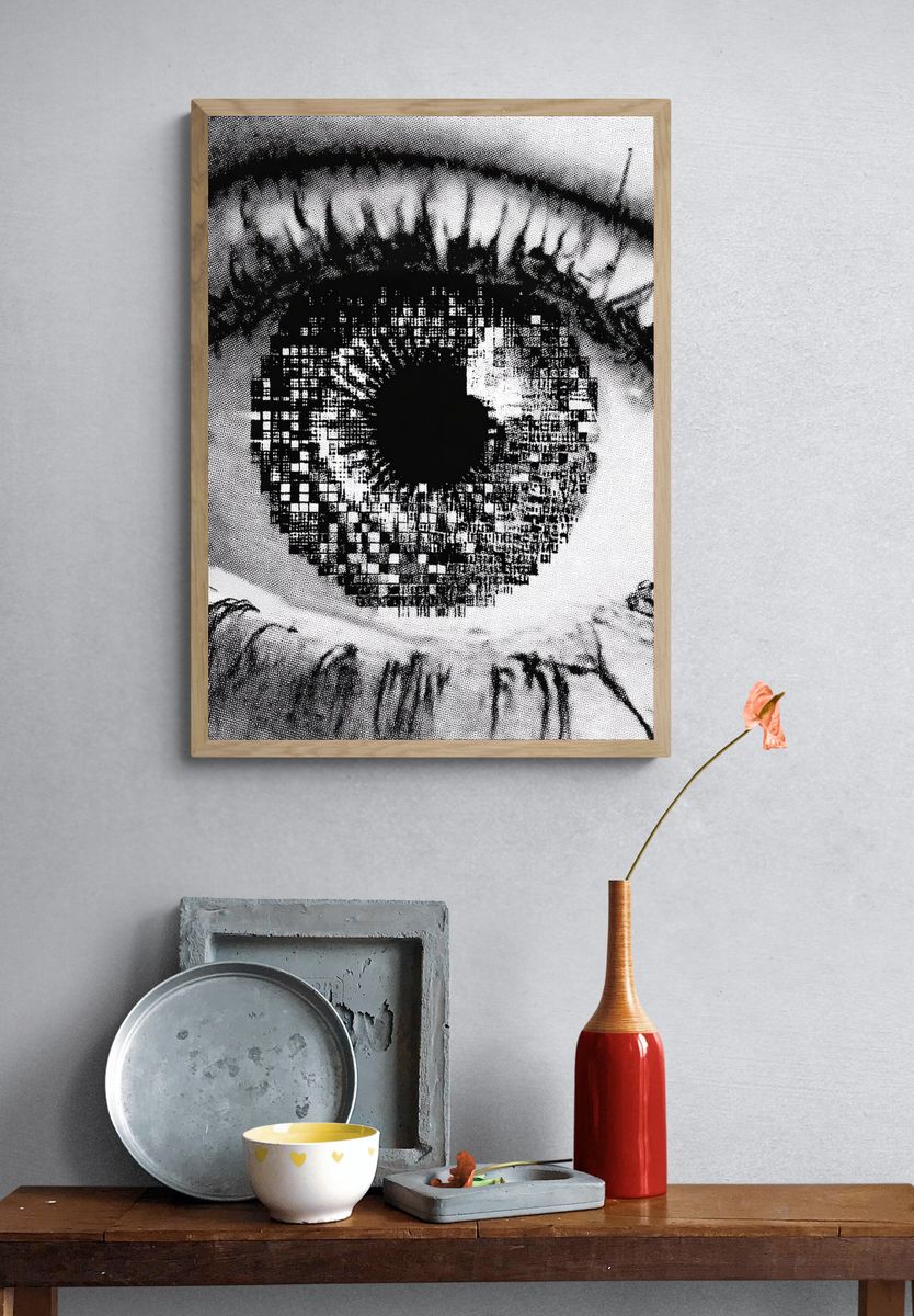 Pixelated Eye Black-White Poster. — room view 3