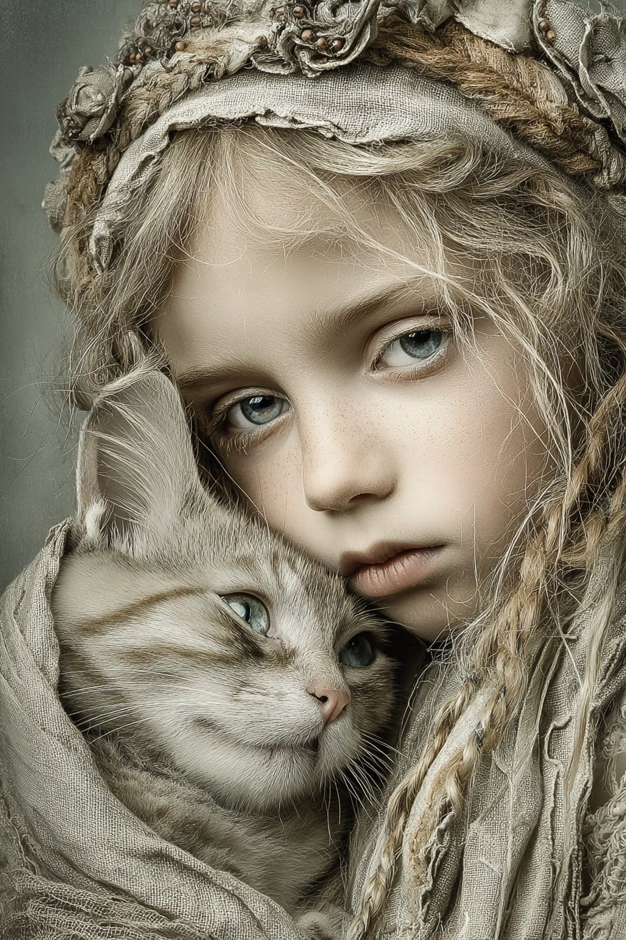 Girl and Cat Portrait Print. poster detail
