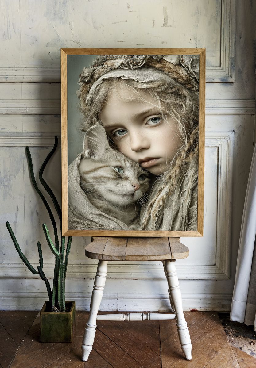 Girl and Cat Portrait Print. — room view 1