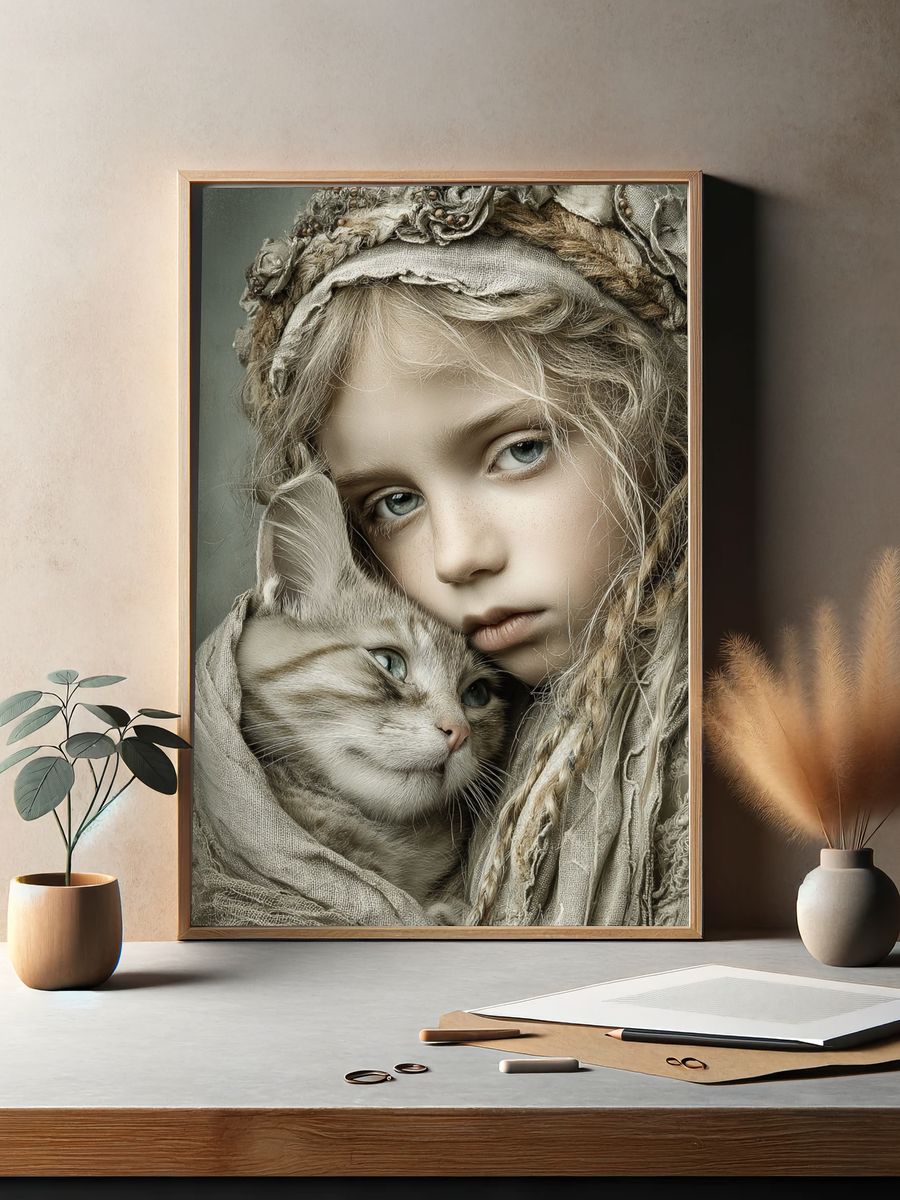 Girl and Cat Portrait Print. — room view 2