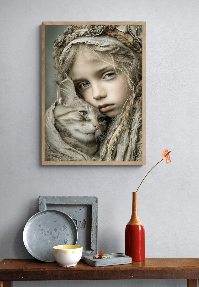 Girl and Cat Portrait Print. — room view 3
