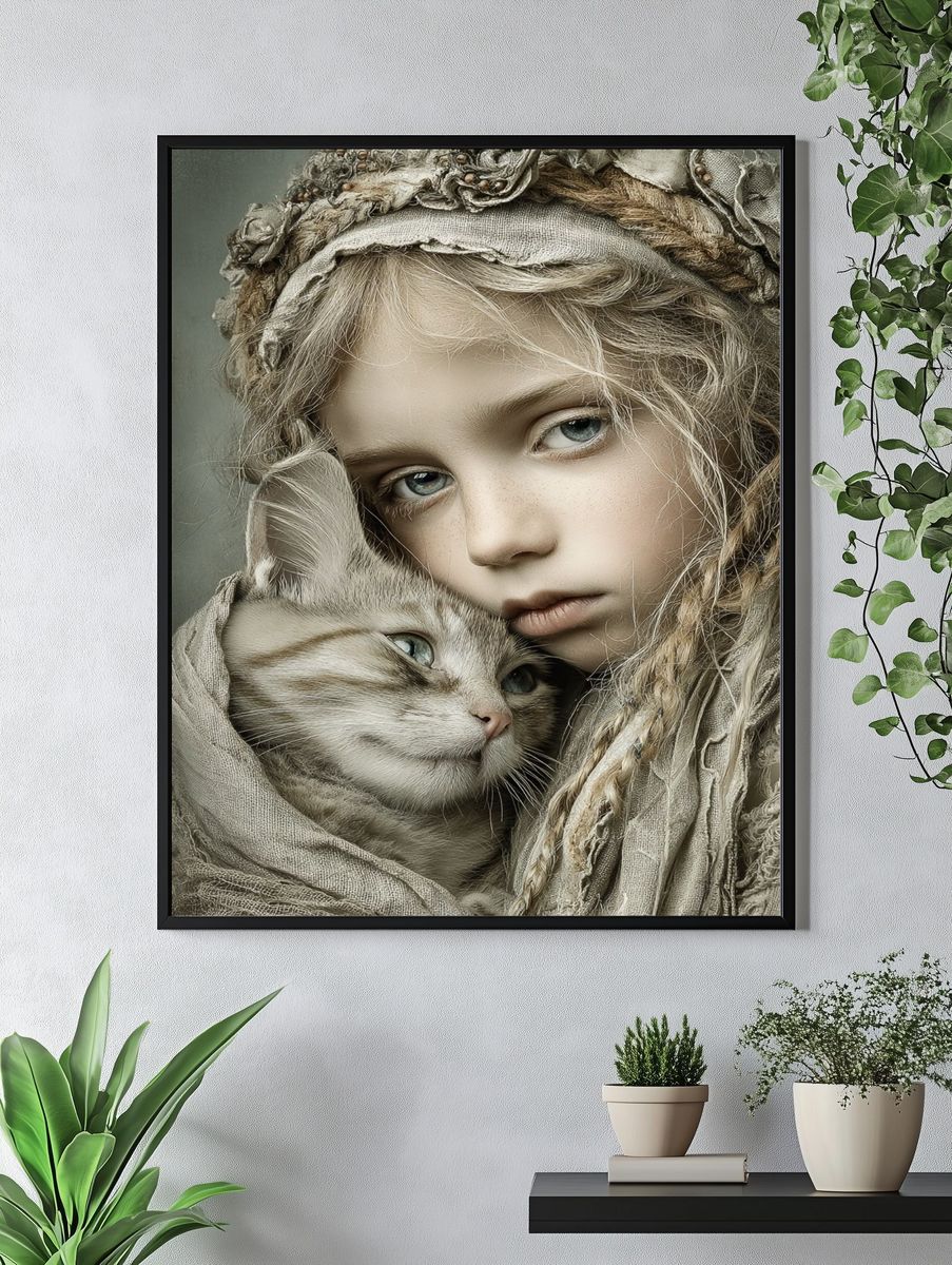 Girl and Cat Portrait Print. — room view 4
