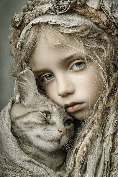 Girl and Cat Portrait Print.