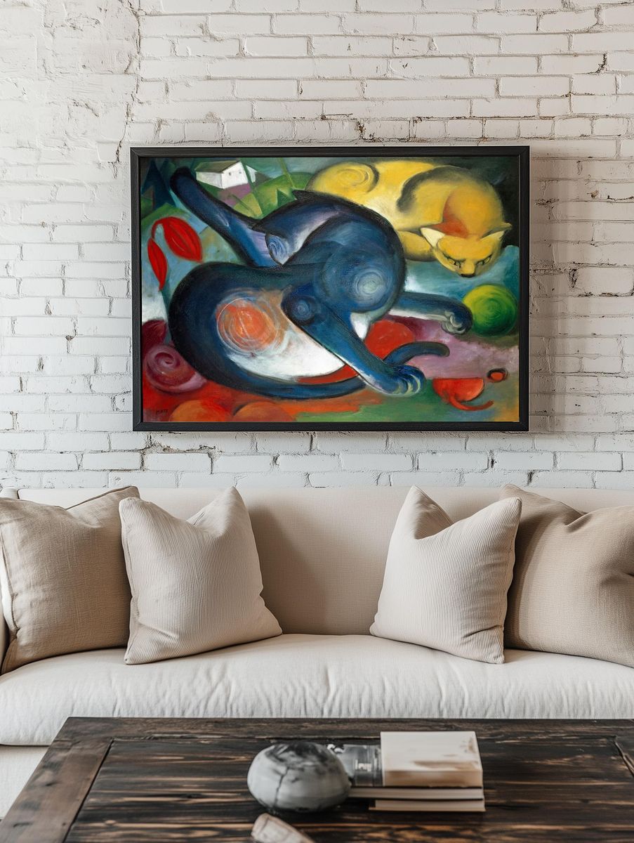 Blue and Yellow Cats — Fine Art Print. — room view 1