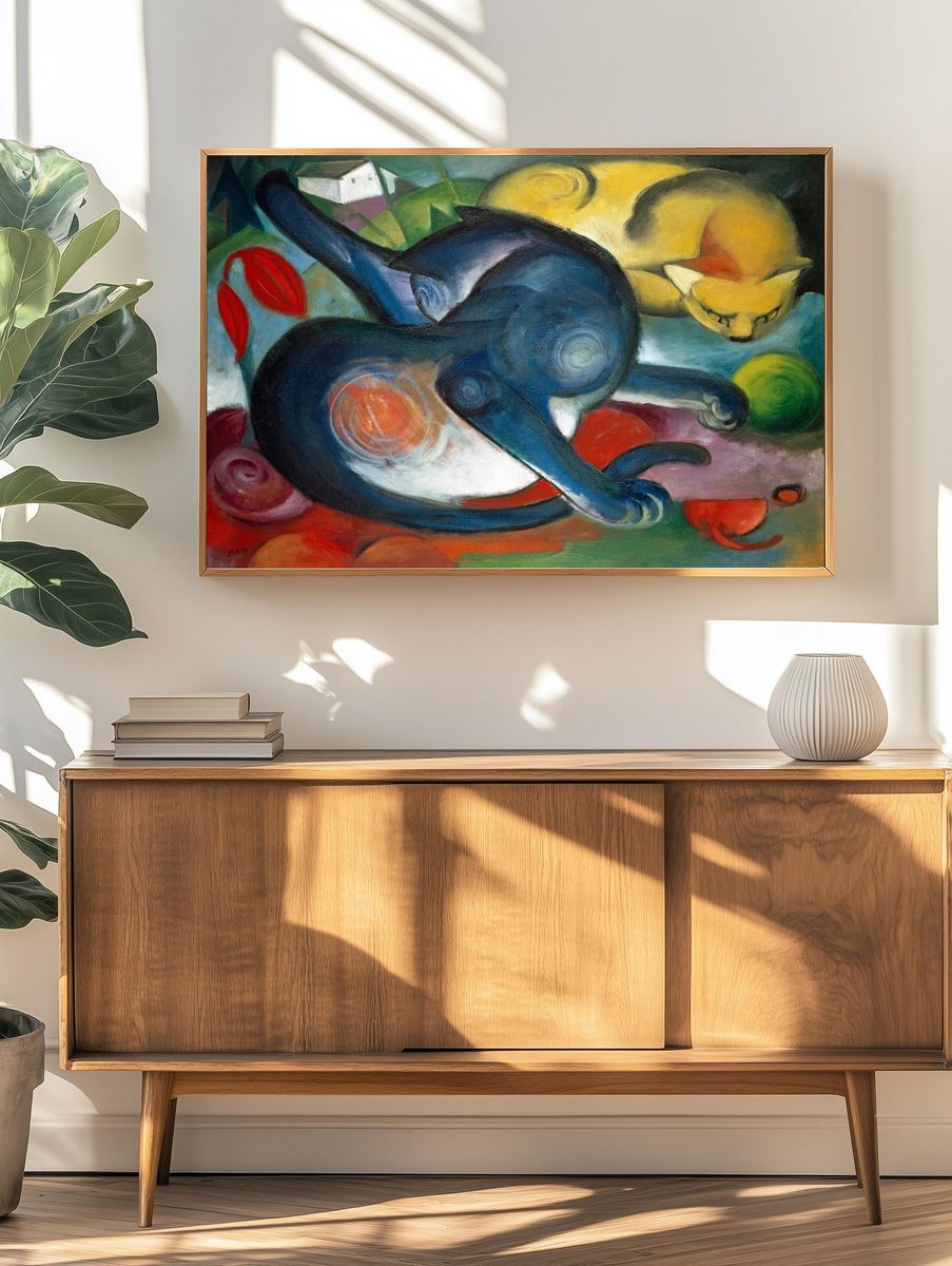 Blue and Yellow Cats — Fine Art Print. — room view 3