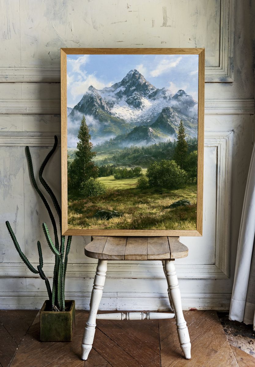 Snowy Mountain Valley Landscape Print. — room view 1