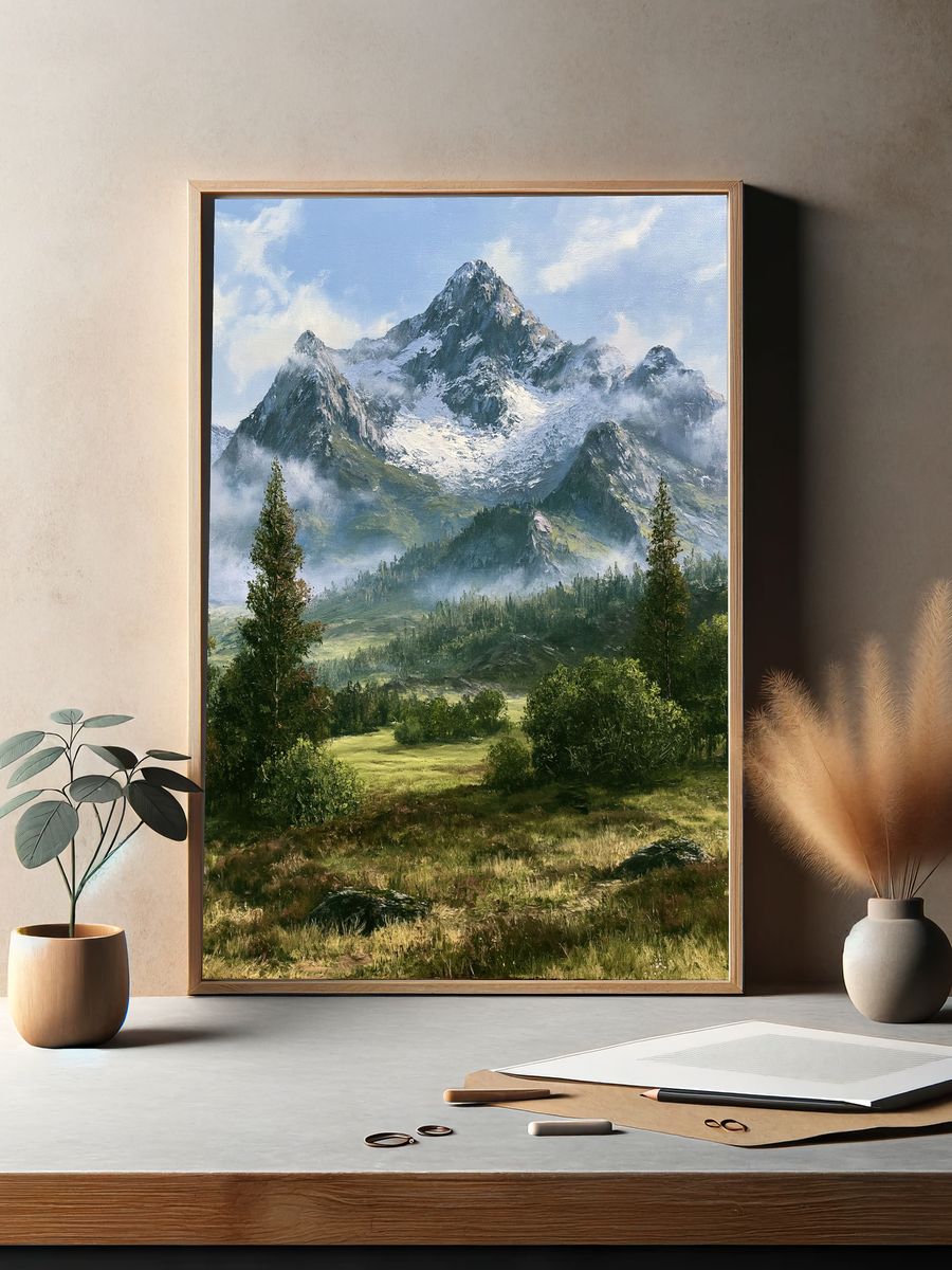 Snowy Mountain Valley Landscape Print. — room view 2