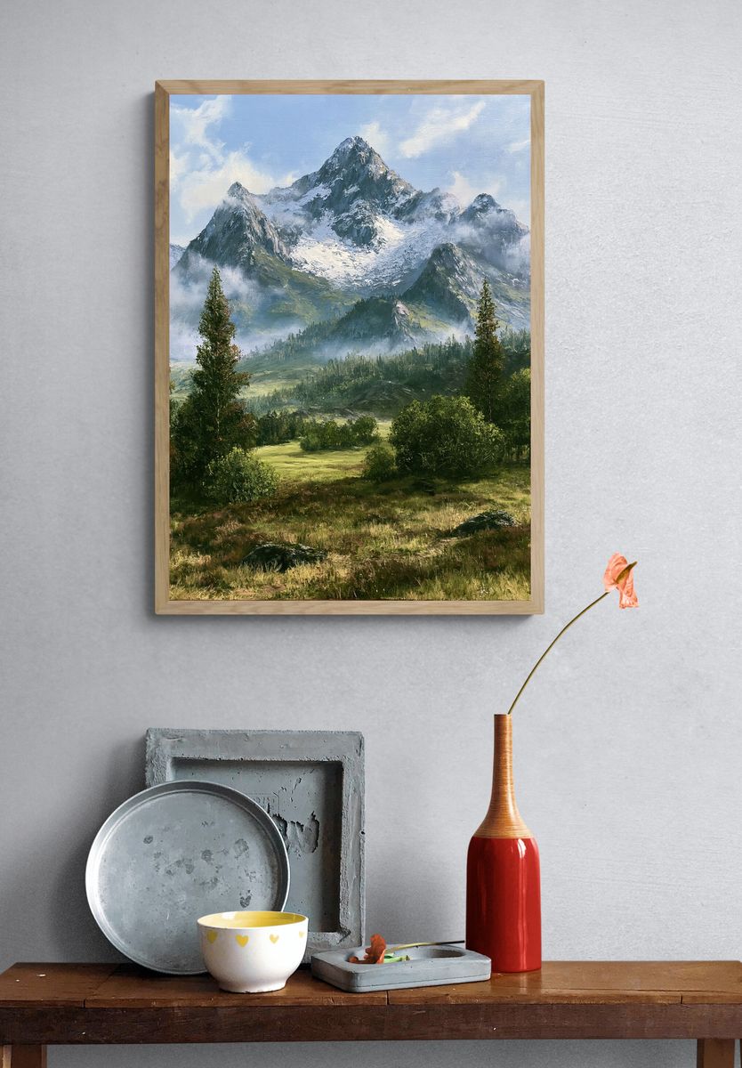 Snowy Mountain Valley Landscape Print. — room view 3