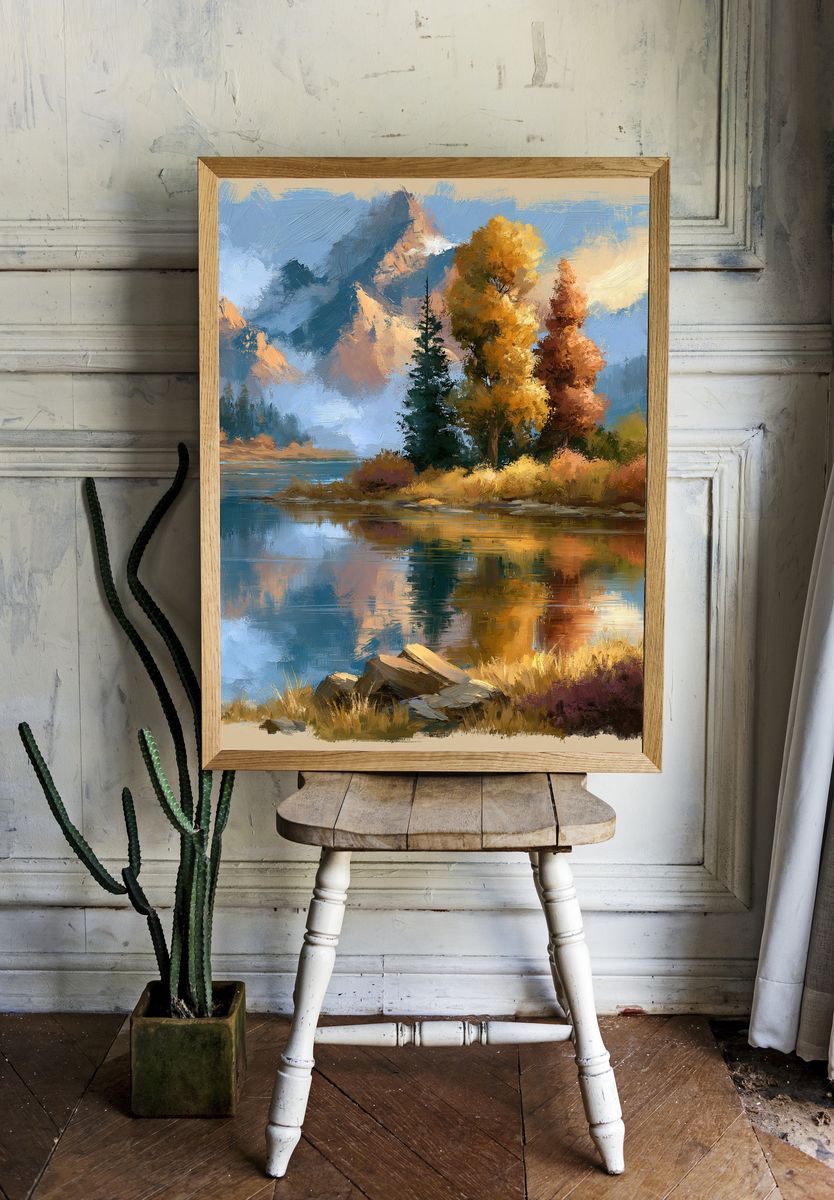 Autumn Mountain Lake Landscape Print. room preview