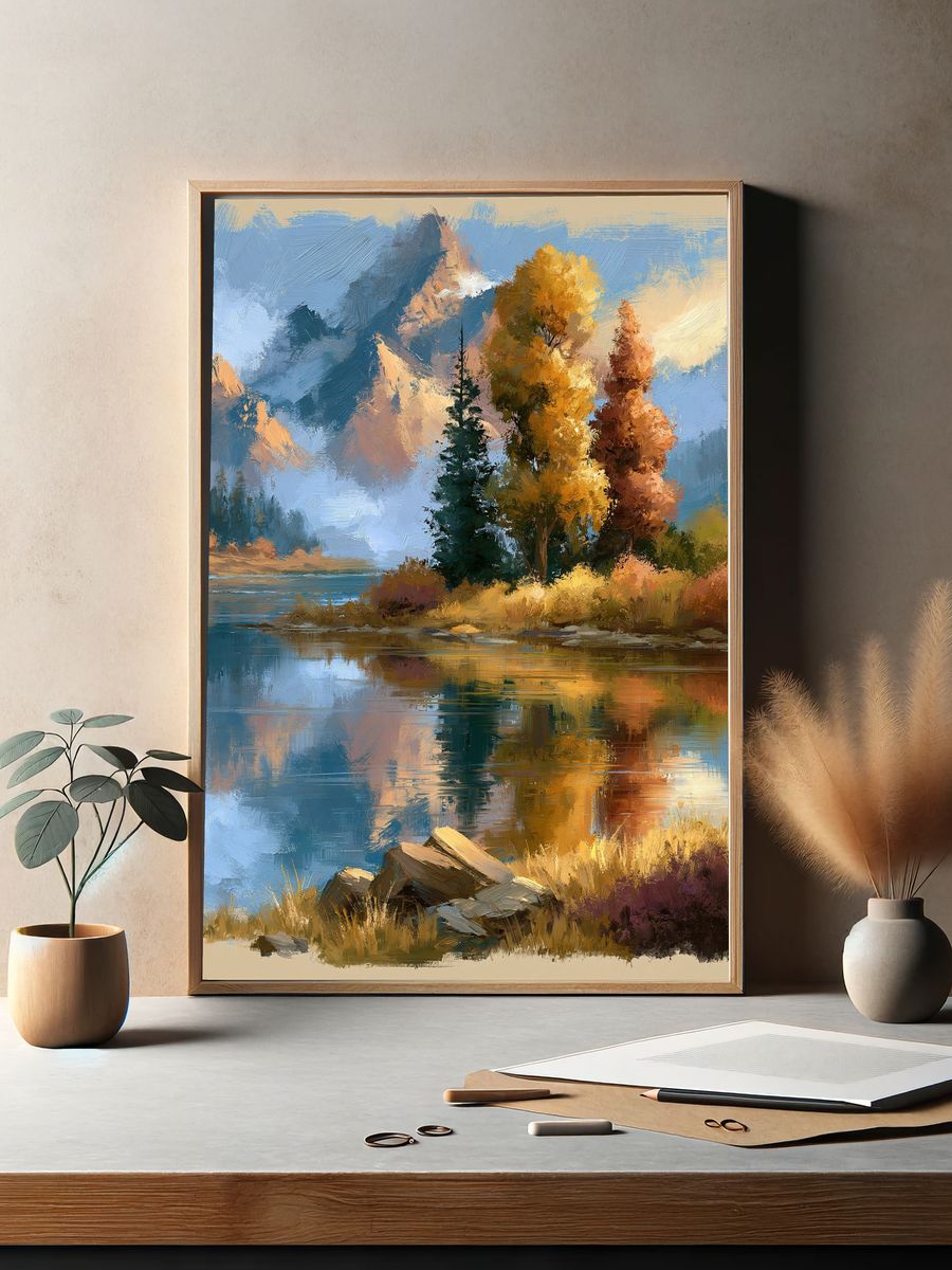 Autumn Mountain Lake Landscape Print. — room view 2