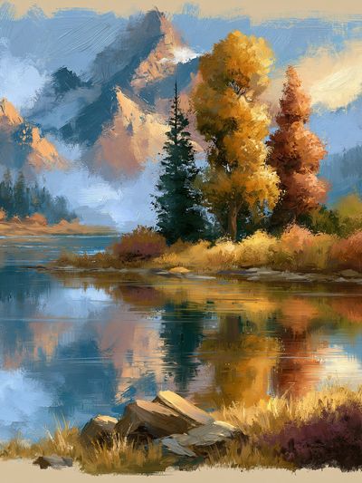 Autumn Mountain Lake Landscape Print.