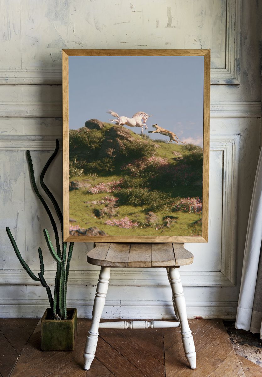 Unicorn and Cheetah — Fantasy Print. — room view 1