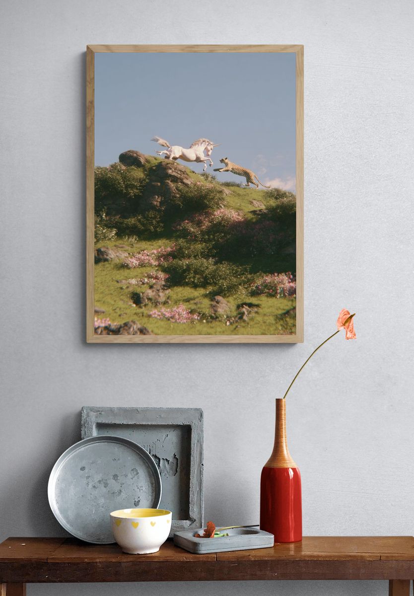 Unicorn and Cheetah — Fantasy Print. — room view 3