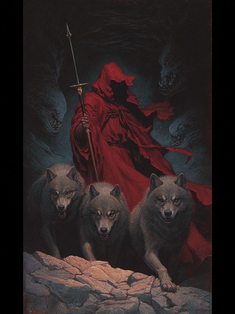 Red Cloaked Wolf Guardian Print. poster — fine-art art