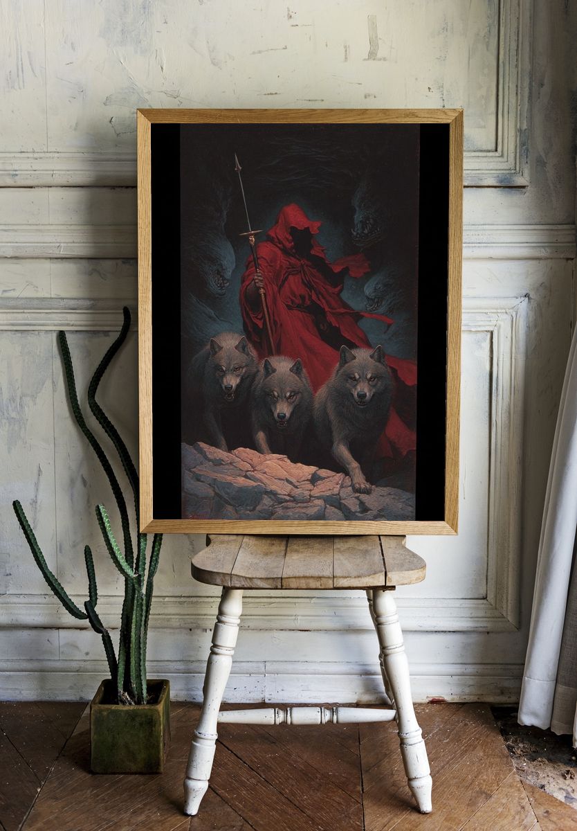 Red Cloaked Wolf Guardian Print. — room view 1