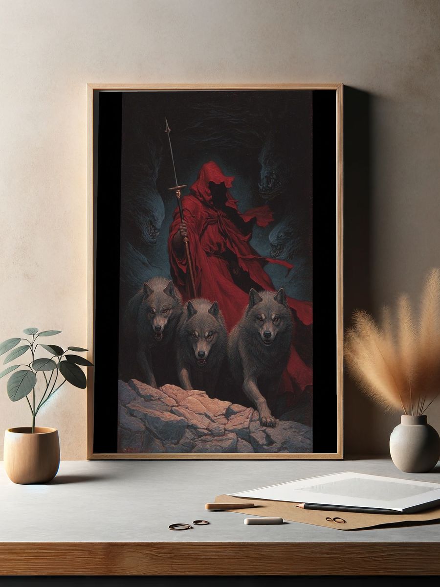 Red Cloaked Wolf Guardian Print. — room view 2