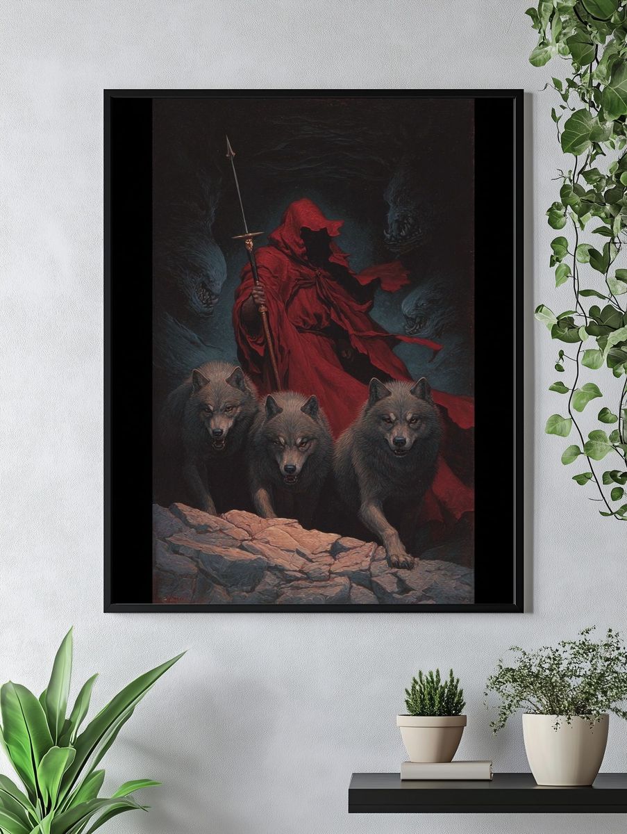 Red Cloaked Wolf Guardian Print. — room view 4