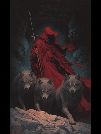 Red Cloaked Wolf Guardian Print. poster print