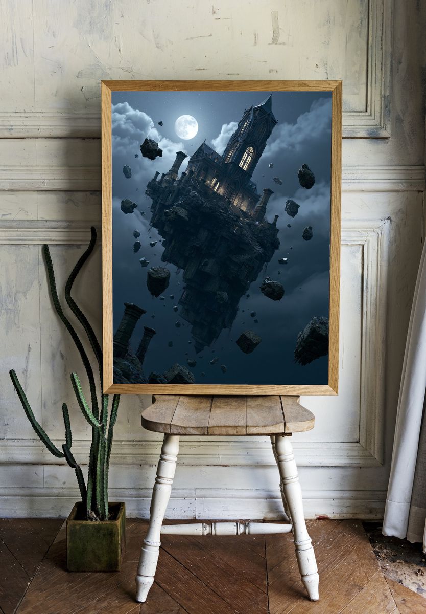 Floating Gothic Castle Moon Poster. room preview