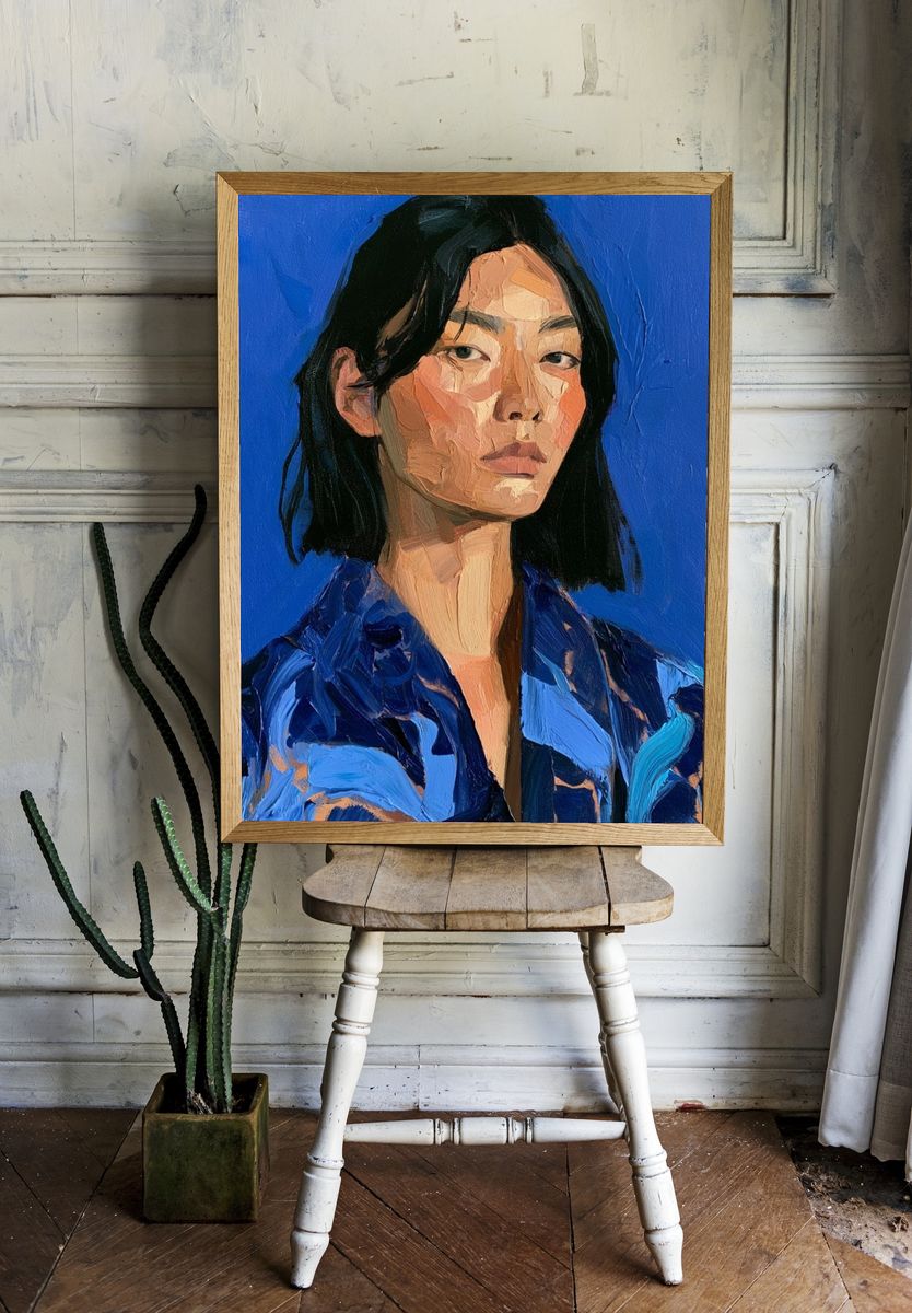 Blue Portrait Oil Painting Print. room preview