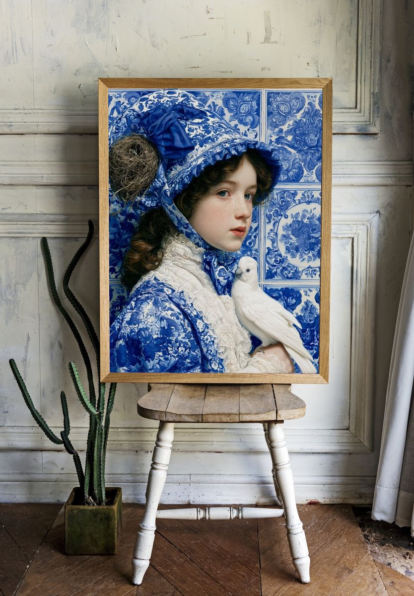Blue Portrait with Dove Print. room preview