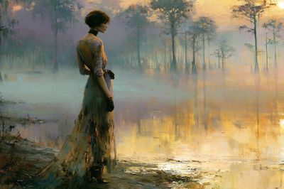 Misty Lakeside Woman Fine-Art Poster. poster