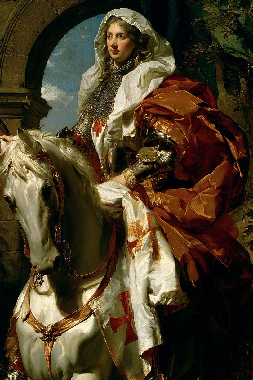 Medieval Knight on White Horse Print. poster detail