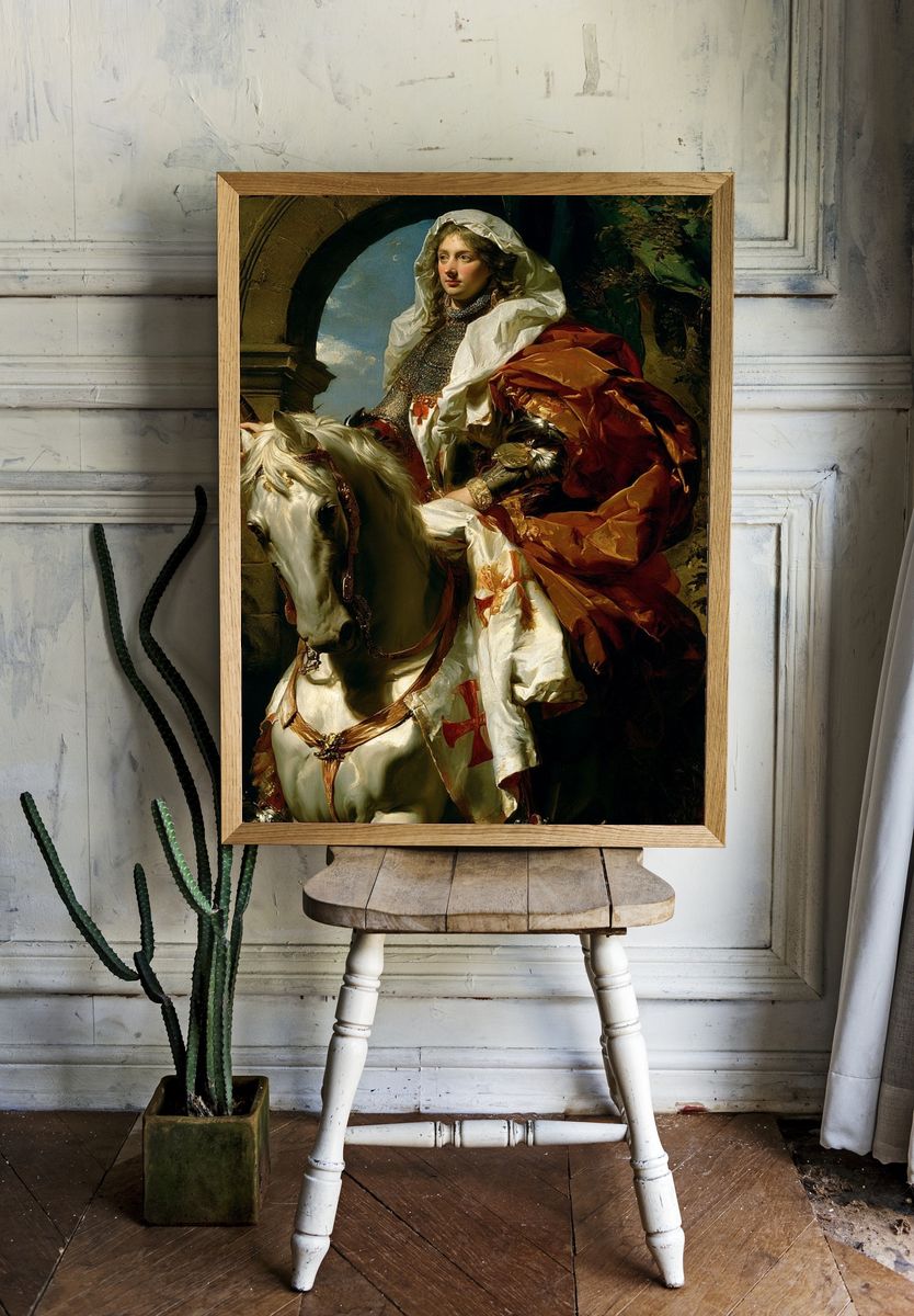 Medieval Knight on White Horse Print. room preview