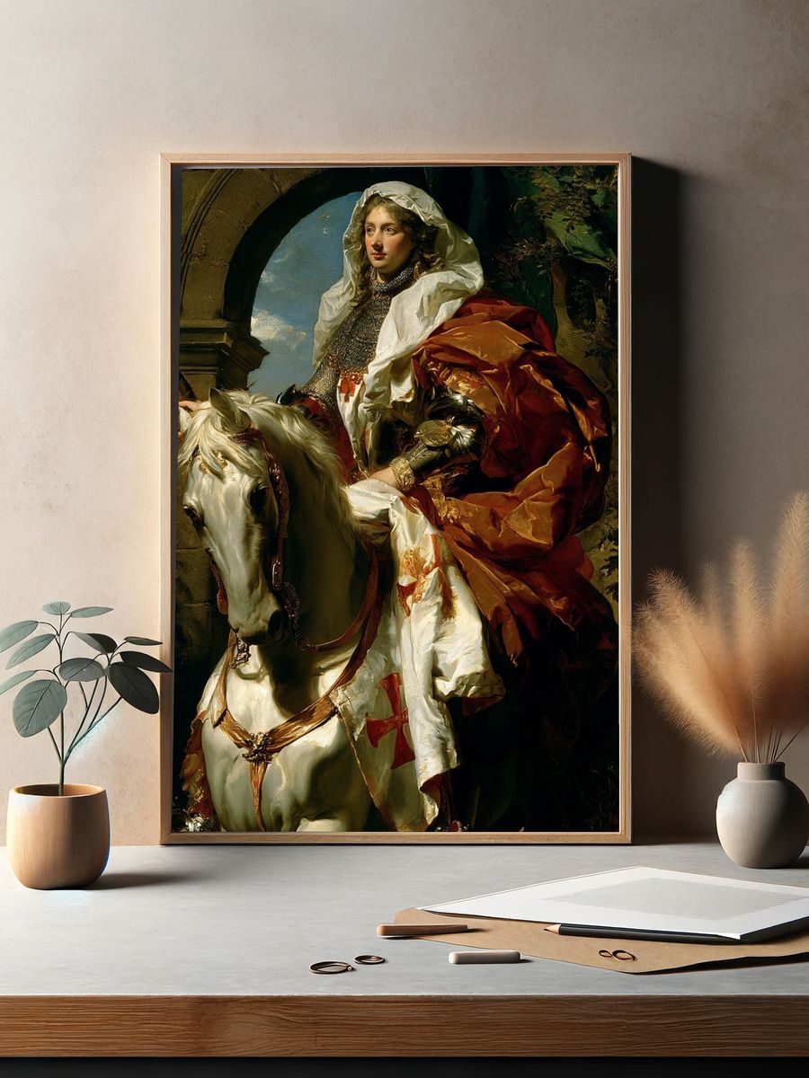 Medieval Knight on White Horse Print. — room view 2