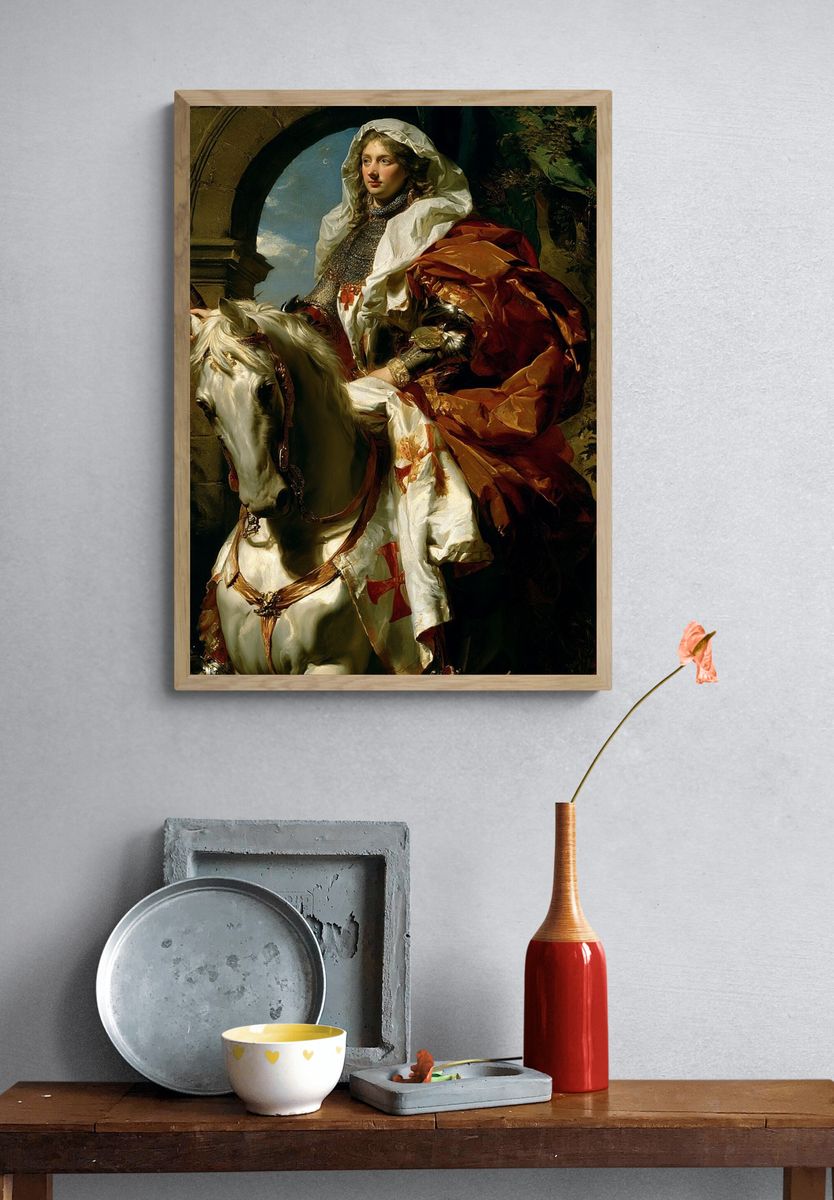 Medieval Knight on White Horse Print. — room view 3