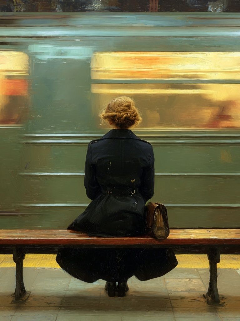 Woman Waiting at Subway — Fine Art Print. poster detail