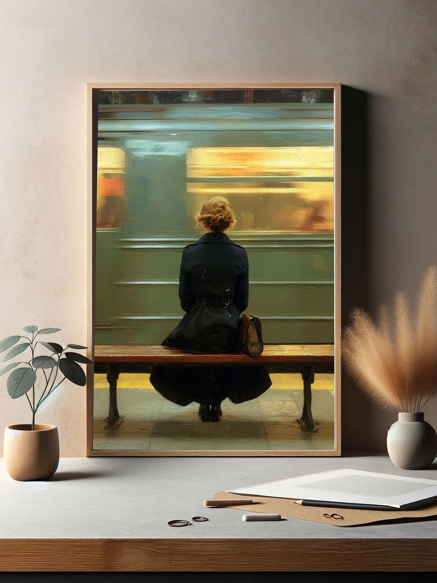 Woman Waiting at Subway — Fine Art Print. — room view 2